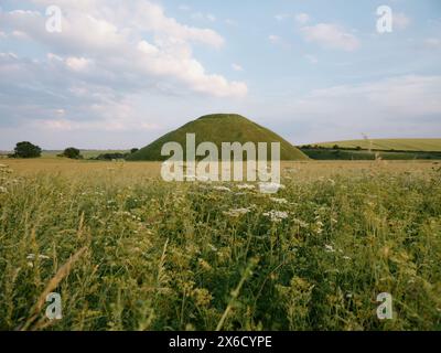 The summer long grass countryside landscape of Silbury Hill prehistoric artificial chalk mound near Avebury, Wiltshire, England UK Stock Photo