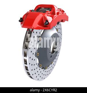 red performance brake caliper vented disc isolated on white background Stock Photo