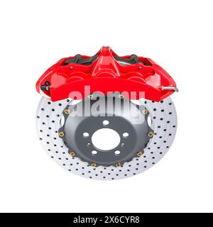 modern car's red brake caliper and disc isolated  transparent background Stock Photo