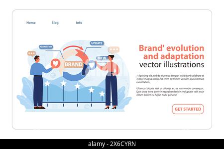 Brand Evolution and Adaptation Illustration. Professionals analyzing and implementing new strategies for brand development and market adaptation. Flat vector illustration. Stock Vector