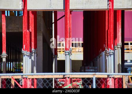 Vibrant Red Construction Supports at Building Site, Eye-Level View Stock Photo