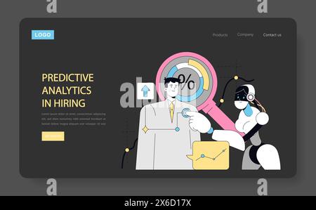 AI Integration in HR Processes concept. A man and an AI robot work together on predictive analytics for efficient hiring. Streamlining talent acquisition with technology. Vector illustration. Stock Vector