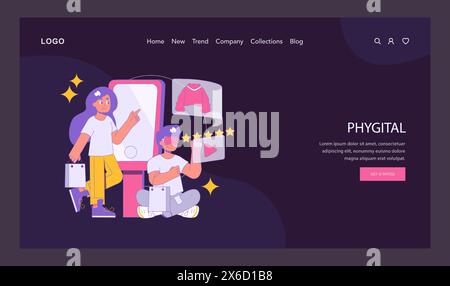 Phygital concept illustration. A seamless integration of physical shopping with digital technology. People engaging with virtual reality. Vector illustration. Stock Vector