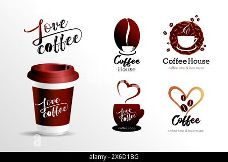 Set of coffee shop logo with takeaway coffee cup concept. Realistic 3d paper cup, coffee to go take out mug. Brand of cafe, vector illustration Stock Vector