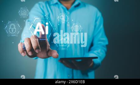 Businessman hand showing modern technology on internet network AI technology in everyday life, Concept of technology or using AI to help with work, In Stock Photo