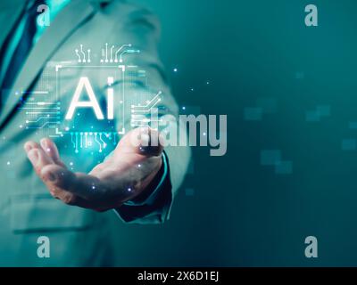 Businessman hand showing AI chip represents Artificial intelligence innovation and global online network connection for access to digital service, Cyb Stock Photo
