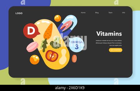Vitamin intake concept. Nutrient-rich food promotes health, including Omega 3 and Vitamin D sources. Lifestyle, wellness, balanced diet pointers. Vector illustration. Stock Vector