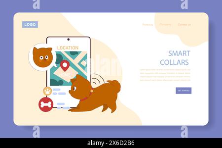 Smart Collars concept. A dog with a high-tech collar interacts with a map on a tablet, symbolizing pet location tracking. Secure and connected. Stock Vector