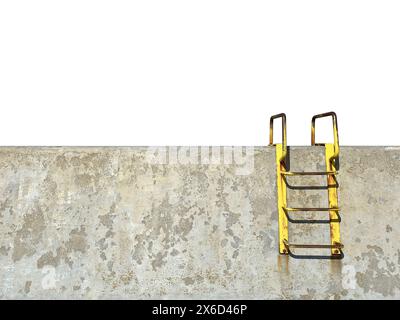 Old concrete wall with rusty yellow metal ladder isolated on white background Stock Photo