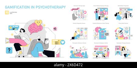 Gamification in Psychotherapy set. Digital tools enhance therapy engagement through entertaining methods. Interactive apps and games aid mental health. Vector illustration. Stock Vector