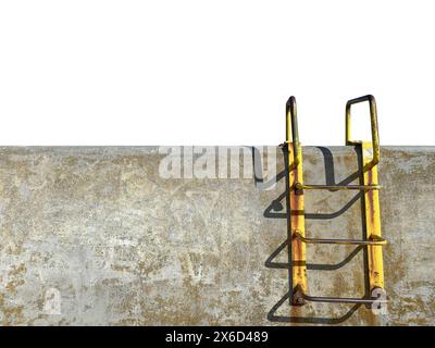 Old concrete wall with rusty yellow metal ladder isolated on white background Stock Photo