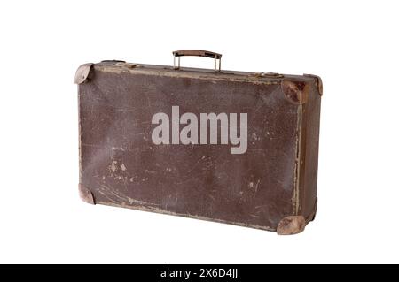 Old brown worn out suitcase isolated on white background with clipping path Stock Photo