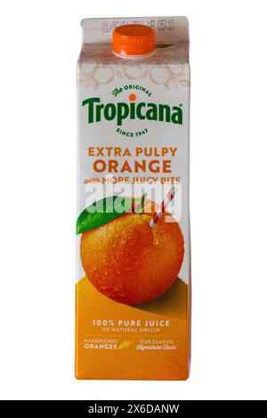 carton of Tropicana extra pulpy Orange with more juicy bits isolated on white background - orange juice drink,100% pure juice of natural origin Stock Photo