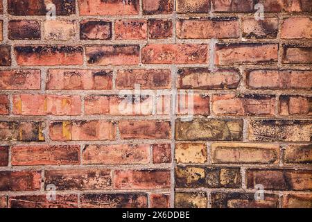 Close-Up Textured Brick Wall Detail, Weathered Colors and Patterns Stock Photo