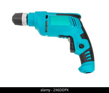 light blue electric drill It's a small electric drill. Can't drill into cement. Can be used to drill into steel, wood, plastic. Stock Photo