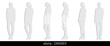 Concept conceptual gray paper cut silhouette of a young woman standing from different perspectives isolated on white.3D illustration as a metaphor for Stock Photo