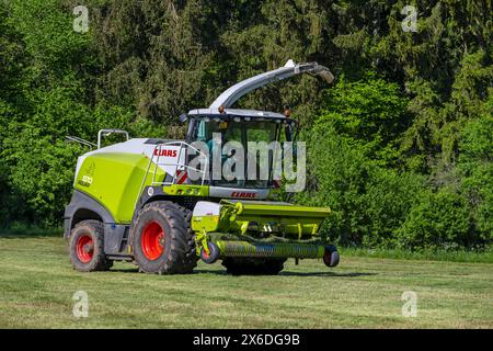 Claas Jaguar 870 forage harvester / self-propelled silage chopper harvesting grass from meadow / pasture Stock Photo