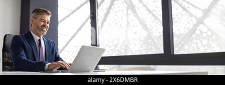 Handsome middle aged businessman in suit working with laptop Stock Photo