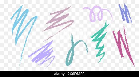 vector illustration features various colorful doodle-style sketches on a transparent background. The abstract, hand-drawn shapes are rendered in Stock Vector