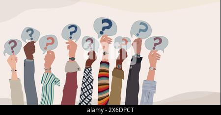 Raised hands of people holding a speech bubble with a hand-drawn question mark symbol. Concept of choice - problem - question -doubt - or query. FAQ. Stock Vector