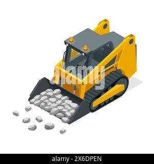 Isometric Compact Excavators. Yellow Skid Steer Loader. Stock Vector