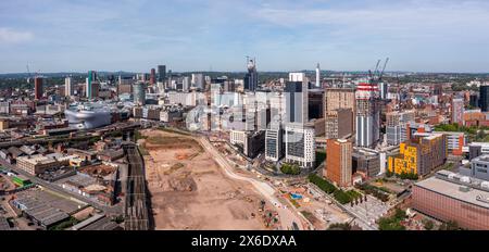 BIRMINGHAM, UK - MAY 11, 2024.  An aerial panoramic view of Birmingham city centre with the HS2 construction site on Curzon Street Stock Photo