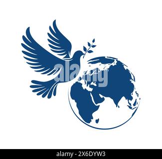 Blue silhouette of flying dove with a olive branch in its beak and Earth globe, isolated on white background. Vector illustration Stock Vector