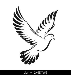 Black flying dove of peace isolated on white background, side view. Vector illustration Stock Vector