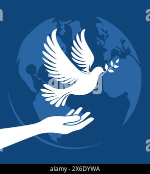 A hand holding a dove of peace on the background of the Earth globe, vector illustration Stock Vector