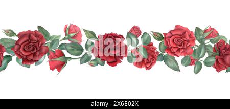Velvet maroon rose. Horizontal border with garden roses. Summer blooming plant. Romantic ruby flower heads. Watercolor vintage illustration. Stock Photo