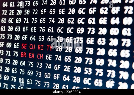 Digital data breach concept displaying "security breach" in glowing alphanumeric code Stock Photo