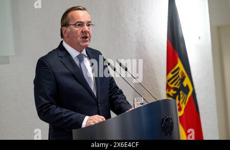Berlin, Germany. 14th May, 2024. Boris Pistorius (SPD), Federal Minister of Defense, speaks at the International Strategic Air Defence Symposium 2024 in the Ministry of Defense. Credit: Fabian Sommer/dpa/Alamy Live News Stock Photo
