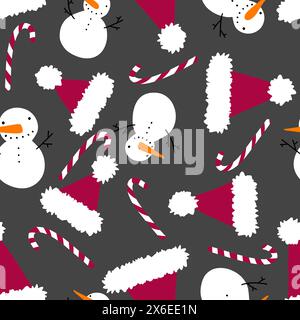 Cartoon Christmas seamless snowman and Santa hat pattern for wrapping paper and fabrics and linens and kids clothes print and party accessories and ne Stock Photo
