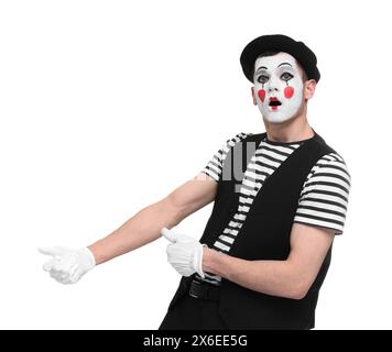Funny mime artist in beret posing on white background Stock Photo