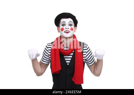Funny mime artist in beret posing on white background Stock Photo