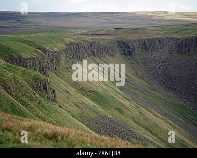 view of spectacular iconic steep-sided geological glacial valley of High Cup Nick with vertical rock faces in Northern Pennines Cumbria, England, UK Stock Photo