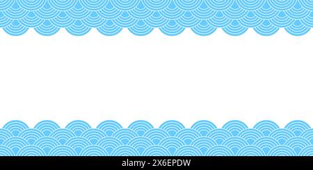 Seigaiha background with empty space. Blue and white waves or clouds pattern. Sea or ocean scallops print. Fish squama or dragon scale. Geometric ornament with round shapes. Vector flat illustration. Stock Vector