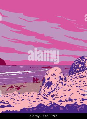 WPA poster art of a white sand surf beach in Mount Maunganui located in Tauranga, Bay of Plenty, New Zealand done in works project administration or f Stock Vector