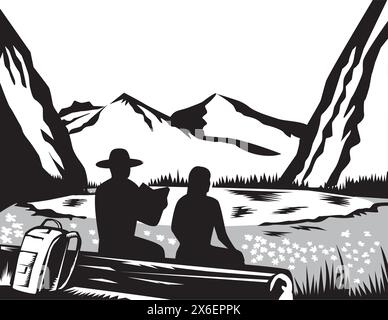 Retro woodcut style illustration of a male and female hiker tramper sitting on log reading with backpack leaning against log looking at meadow, small Stock Vector