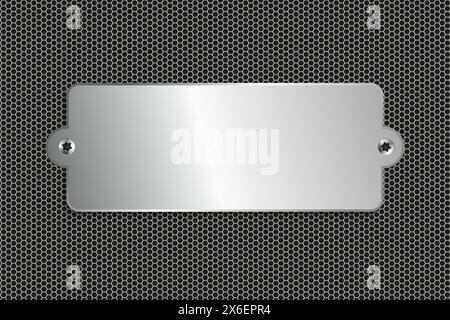 3d Name Engraving silver plate, Polished blank steel metal plate on Dark grid background steel metal texture surface Stock Vector