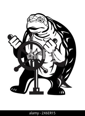 Mascot illustration of turtle at the helm steering the wheel of boat viewed from front done in black and white cartoon style on isolated white backgro Stock Vector