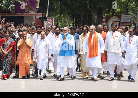 Varanasi, India. 14th May, 2024. Indian Prime Minister Narendra Modi (C) leaves accompanied by India's Home Minister Amit Shah (R) and Uttar Pradesh Chief Minister Yogi Adityanath (L) after filing his nomination papers for the general elections in Varanasi. Credit: SOPA Images Limited/Alamy Live News Stock Photo