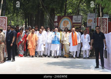 Varanasi, India. 14th May, 2024. Indian Prime Minister Narendra Modi (C) leaves accompanied by India's Home Minister Amit Shah (R) and Uttar Pradesh Chief Minister Yogi Adityanath (L) after filing his nomination papers for the general elections in Varanasi. Credit: SOPA Images Limited/Alamy Live News Stock Photo