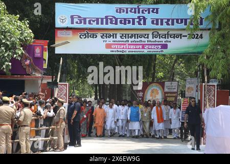 Varanasi, India. 14th May, 2024. Indian Prime Minister Narendra Modi (C) leaves accompanied by India's Home Minister Amit Shah (R) and Uttar Pradesh Chief Minister Yogi Adityanath (L) after filing his nomination papers for the general elections in Varanasi. Credit: SOPA Images Limited/Alamy Live News Stock Photo