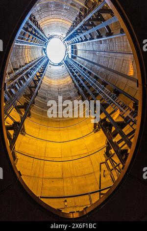 Looking up the chimney, Battersea Power Station, London, Monday, April 29, 2024. Photo: David Rowland / One-Image.com Stock Photo