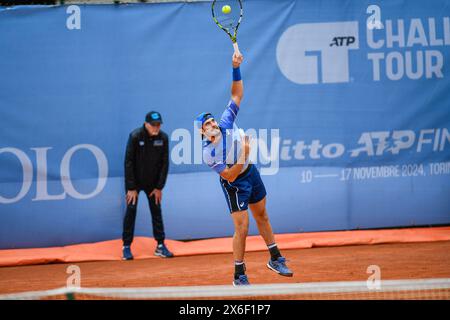 Turin, Italy, Italy. 14th May, 2024. Italy, Turin 14/05/2024.Sporting Press Club (Turin).Challenger 175 Piemonte Open Intesa Sanpaolo Tournament Qualifications.Giulio Zeppieri of Italy plays against Marc-Andrea Huesler of Swiss during the Challenger 175 Piemonte Open Intesa Sanpaolo Tournament qualifications. Final score; Giulio Zeppieri of Italy 2-1 Marc-Andrea Huesler of Swiss (Credit Image: © Tonello Abozzi/Pacific Press via ZUMA Press Wire) EDITORIAL USAGE ONLY! Not for Commercial USAGE! Stock Photo