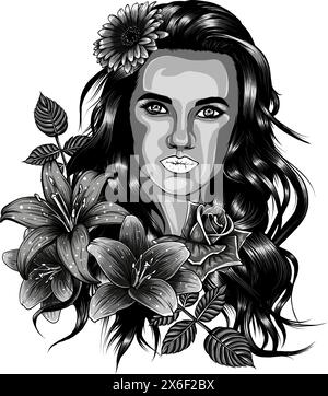 monochrome vector drawing woman profile with rose flowers, sketch of young girl, hand drawn illustration Stock Vector