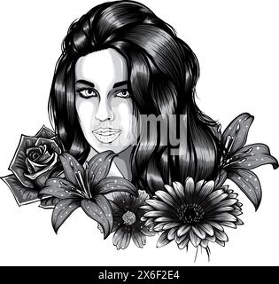 monochrome vector drawing woman profile with rose flowers, sketch of young girl, hand drawn illustration Stock Vector