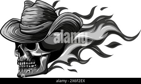 Skull on Fire with Flames Vector Illustration. black and white fire skull Stock Vector
