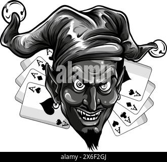 vector illustration of Monochrome Jester s mask with cards Stock Vector